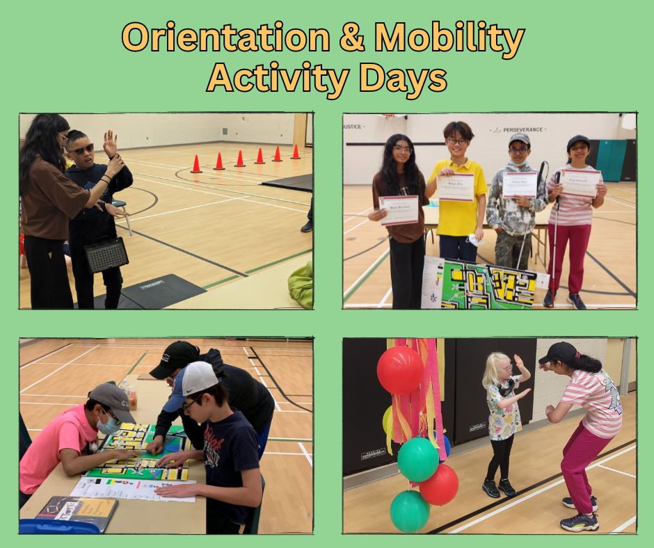 Four photos: Two photos of mentor students showing younger students protective techniques. One photo of students planning their route using a tactile map with braille. And one photo of the students posing with their certificates.