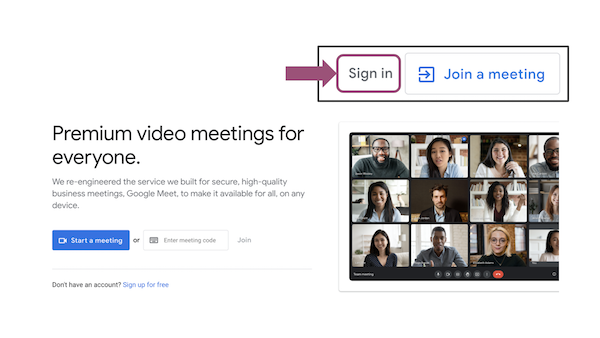 Google Meet homepage with sign-in button on the top right